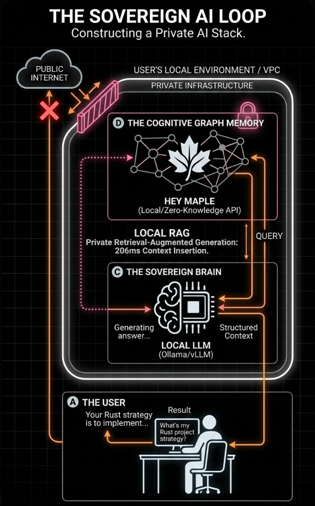 An architectural blueprint infographic visualizing how to build a sovereign AI assistant with local-first memory. The diagram shows a fortified 'User's Local Environment' bubble isolated from the public internet. Inside the bubble, a Local LLM (Ollama) communicates via sub-250ms RAG connections with Maple Memory's Zero-Knowledge Cognitive Graph memory. Data flows between the user, the model, and the memory without ever leaking to external APIs, ensuring complete data sovereignty.