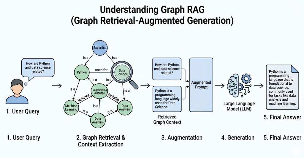 Infographic visualizing the technical difference between Vector DBs and Graph RAG. On the left, standard RAG showing 'dumb' text retrieval with fragmented, isolated data points scattered like sticky notes. On the right, Maple Memory’s Cognitive Graph showing structured relational memory mapping where semantic concepts are connected into structured narratives, achieving 98% recall accuracy.