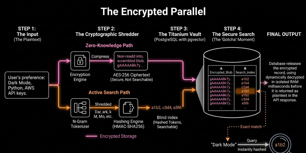 A cryptographic schematic explaining how Maple Memory searches encrypted AI memories. Data ingestion splits into two parallel paths: a Zero-Knowledge path where AES-256 ciphertext is stored (secure, not searchable) and an Active Search path where text is tokenized (N-grams) and hashed (HMAC-SHA256) into a Blind Index. The diagram visually proves how a search query ('Dark Mode') is hashed, matches the blind index hash, and retrieves the encrypted blob, ensuring plaintext is never touching the database disk.